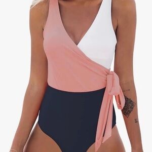 Cupshe Pink, White, and Navy Wrap One Piece Swimsuit